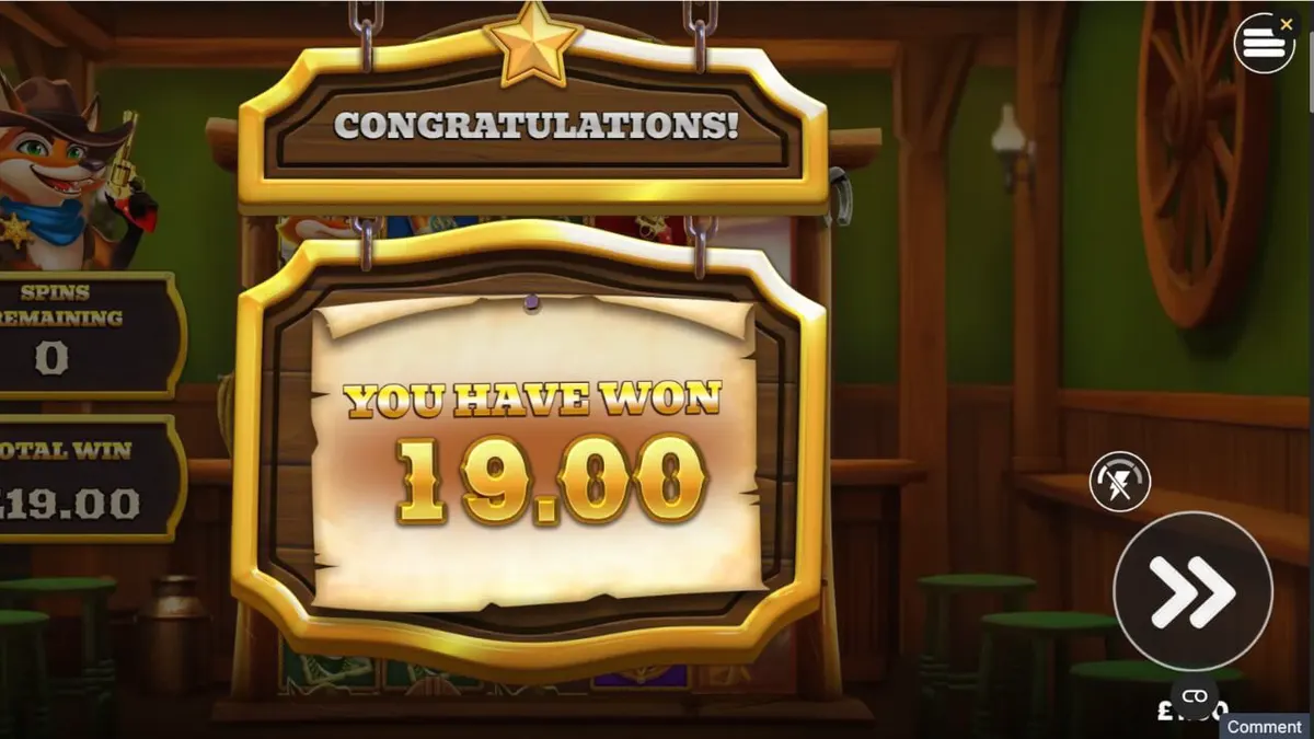 The fox sheriff character standing in front of a cartoon Wild West saloon in Saloon Showdown 10,000x.