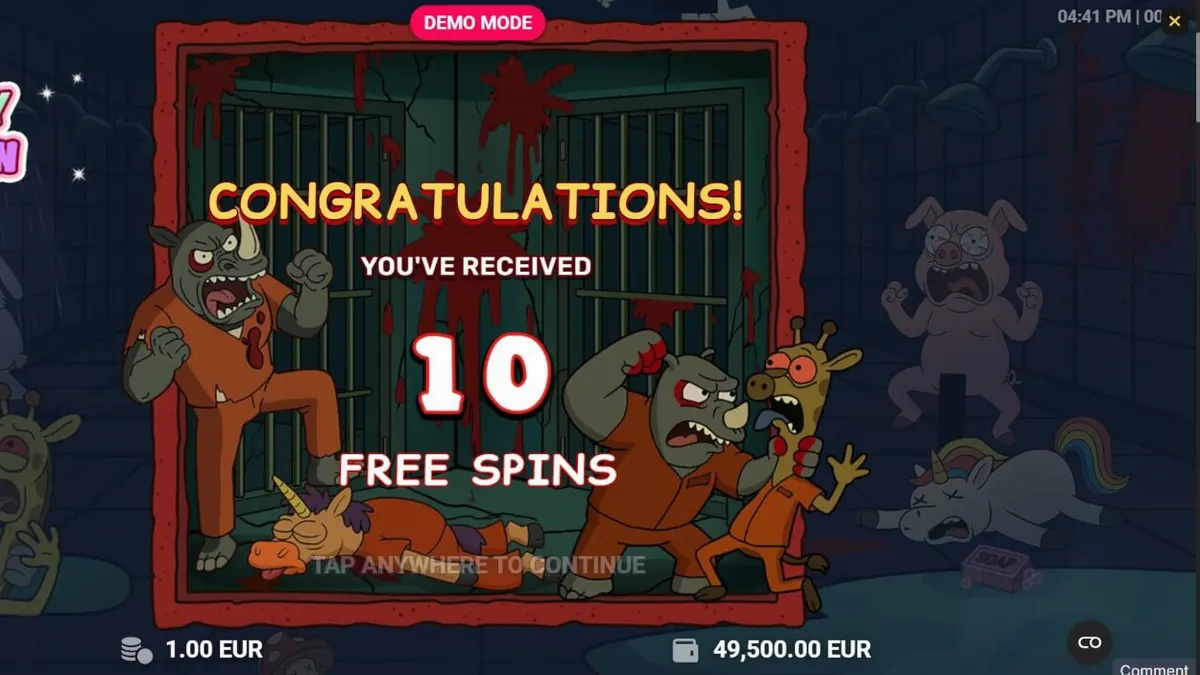 Happy Prison slot game interface with cartoon characters behind bars