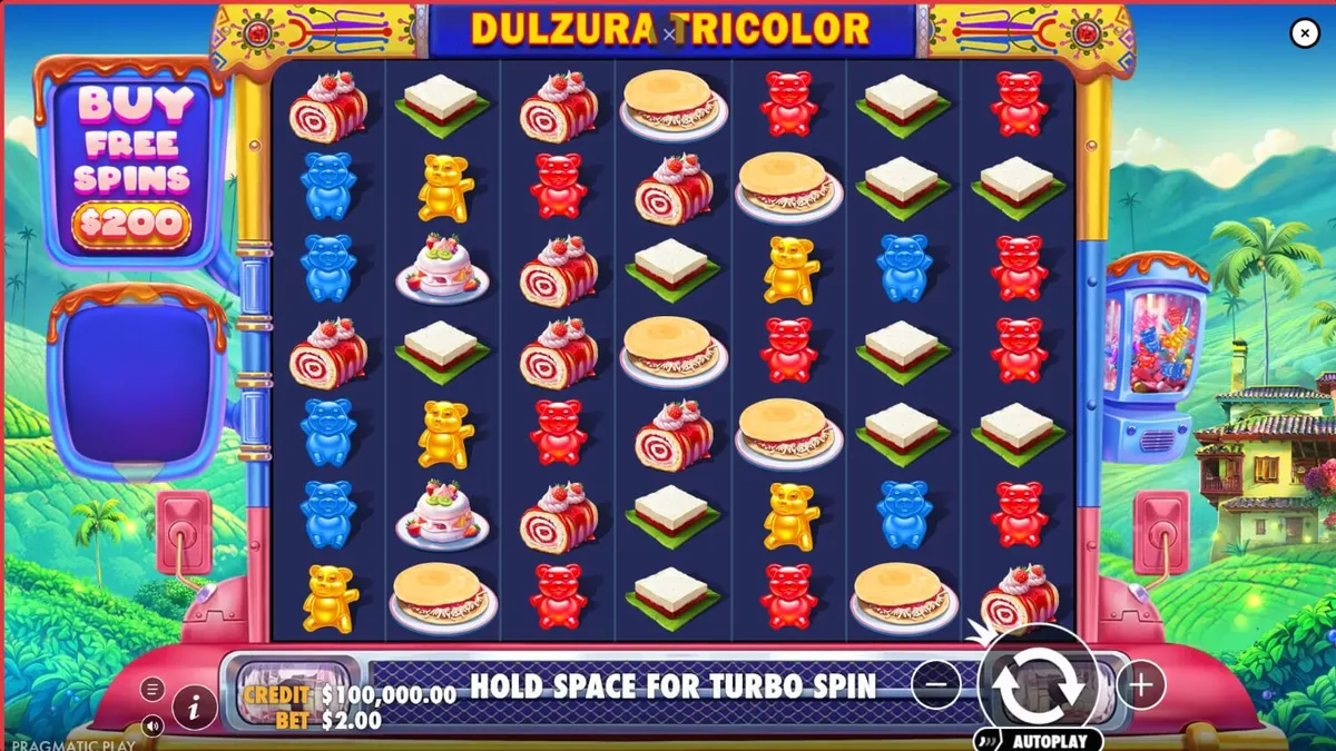 Tampilan visual slot Dulzura Tricolor dengan simbol kue dan latar belakang tropis